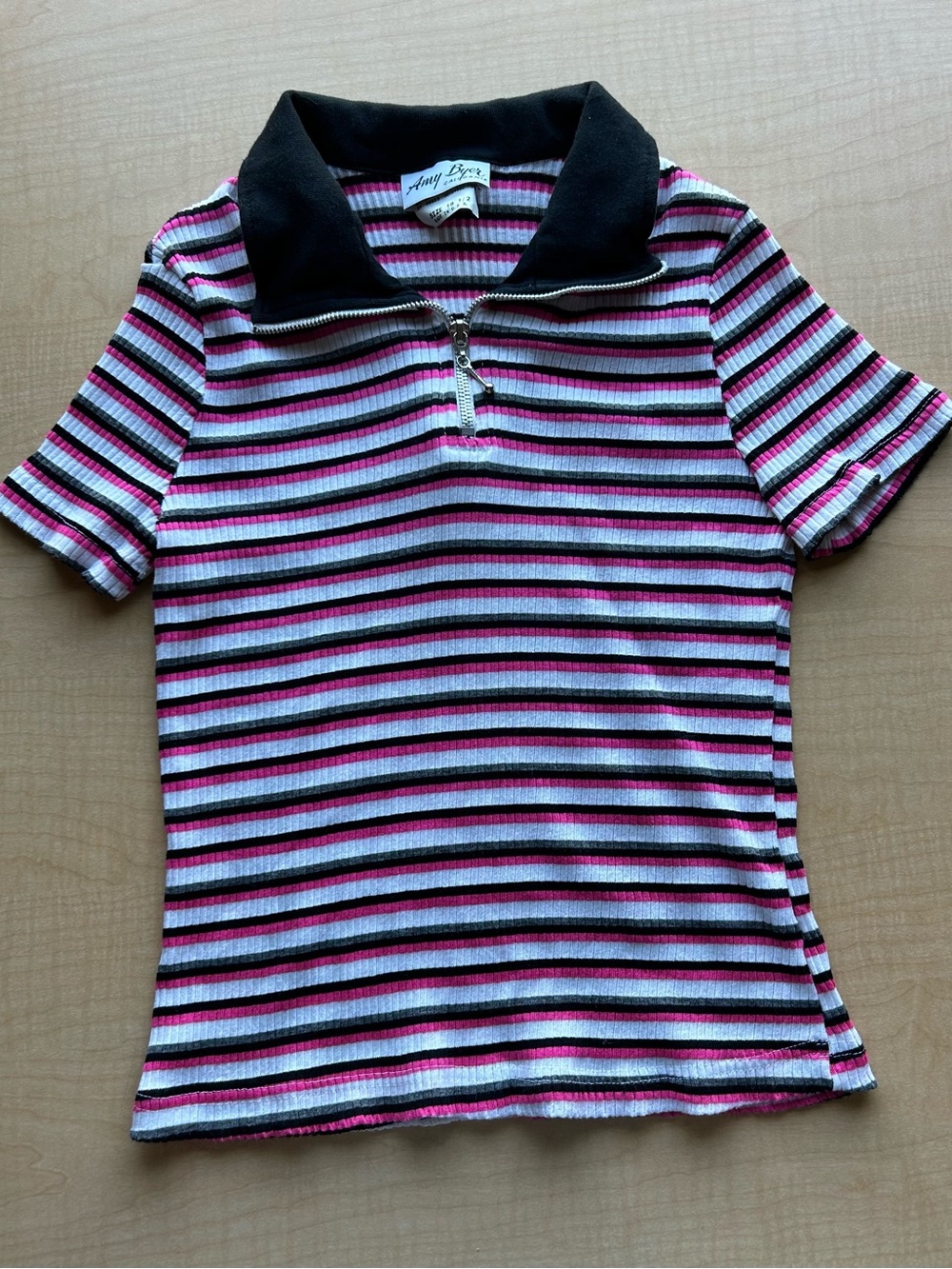 VTG 90s Amy Byer Striped Ribbed Quarter-Zip Polo Baby Tee Y2K Indie Sleaze